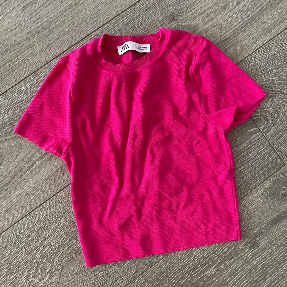 Zara Hot Pink Fitted Short Sleeve Top